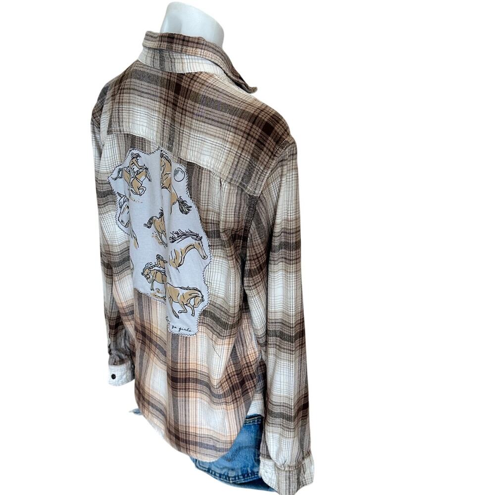 Horse Girl Plaid Flannel Shirt LARGE Oversized Unique Upcycled Cowgirl Western - Picture 3 of 6